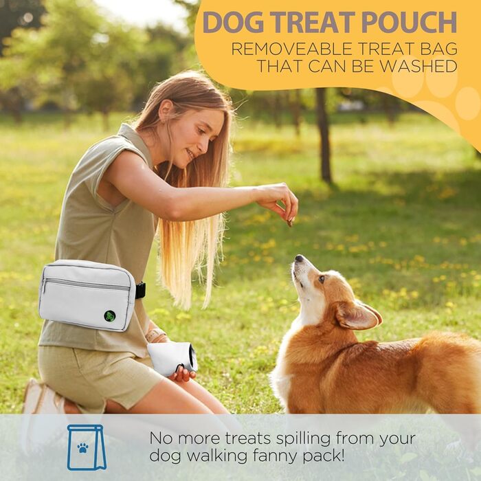Сумка для собак з карабіном, сумка для тренування цуценят з відділенням для ласощів та тримачем для пакетів, зручна сумка для перенесення їжі та відходів для тварин з регульованим поясом (Сіра)