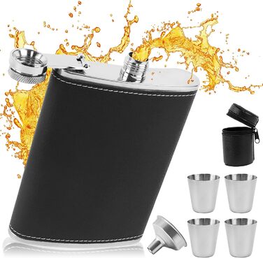 Фляга з нержавіючої сталі 8oz (240 мл) з набором: воронка та 4 стаканчика. Ідеальна для туризму, весілля, кемпінгу, альпінізму, пікніків (чорна)