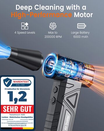 Електричний пилодув для ПК та приміщень - Air Duster 200000 RPM, 4-рівні, акумуляторний, чорний