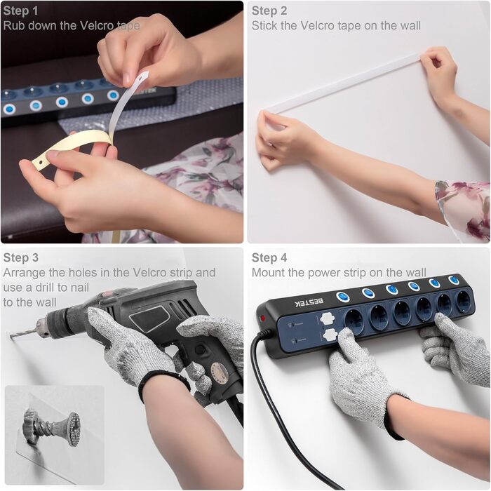 BESTEK Розподільник розеток з 6 розетками, 4 USB, захистом від перенапруги 900 Дж, з вимикачем, синьо-білий, 1.8м кабель