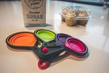 Collapsible measuring cups and nesting spoons, adjustable silicone for cooking, used for liquid and dry kitchen items, portable portion control, dog food, children, travel, campers, space-saving.