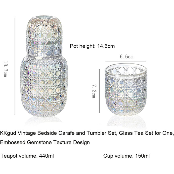 Vintage bedside carafe and cup, glass tea set for one, embossed gemstone texture design (transparent)