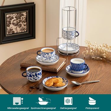 Набір чашок для еспресо Vancasso Selene, 4 шт. - порцелянові чашки з блюдцем та підставкою для капучино, лате, чаю (9.6 x 5.6 см)