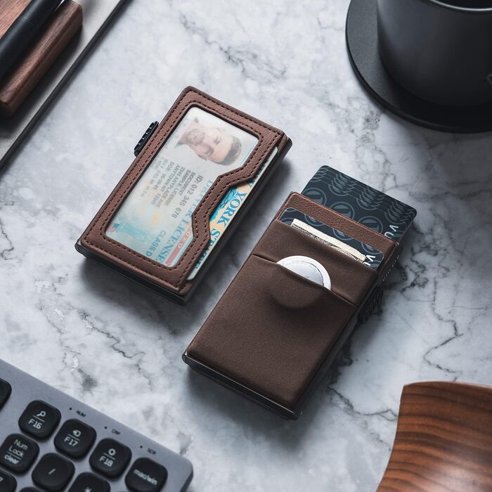 Стильний металевий гаманець для карток VULKIT з RFID-захистом, EDC-відсіками та вікном для посвідчення, колір Espresso