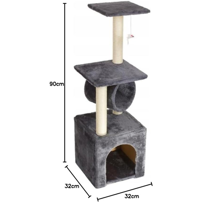 Клітка-гойдалка для котів Kratzbaum 90 см з оглядовою платформою, будиночком та когтеточками, сізал, сірий