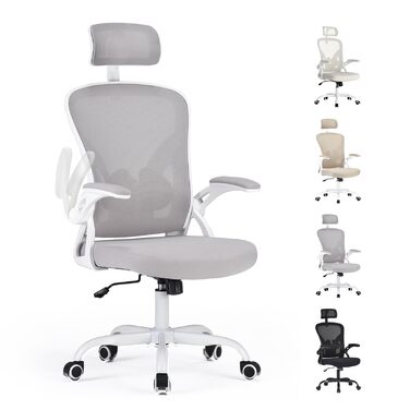 Ергономічне крісло Farini з підлокітниками для офісу та дому, з роликами та підголівником (сірий/білий)