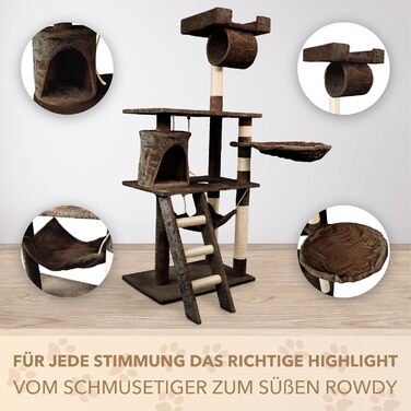 Кігтеточка для котів Foxdevil від xonic® - стабільна, багатофункціональна, з платформою, гамаком, будиночком, іграшкою, 141 см (Коричнева V1)