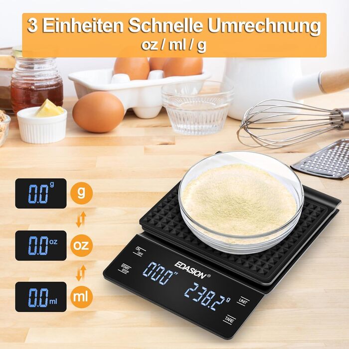 Електрична вага для кави з таймером, 0,1г/3кг, преміум-якість, для приготування еспресо, з LED-дисплеєм, чорна