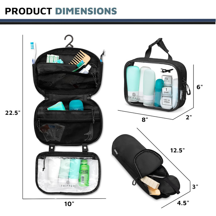 Набір туалетних сумок для подорожей: підвісна сумка + 3 сумки для рідин TSA + органайзер для аксесуарів, білий/чорний рипстоп
