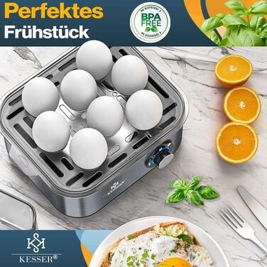 Електричний яйцеварка KESSER® на 1-8 яєць з нержавіючої сталі, 500W, з функцією підігріву, LED-регулятор, 3 ступені нагріву, BPA-Free, придатний для миття в посудомийній машині, мірний стакан, тримачі для яєць та форма для омлету, колір: антрацит