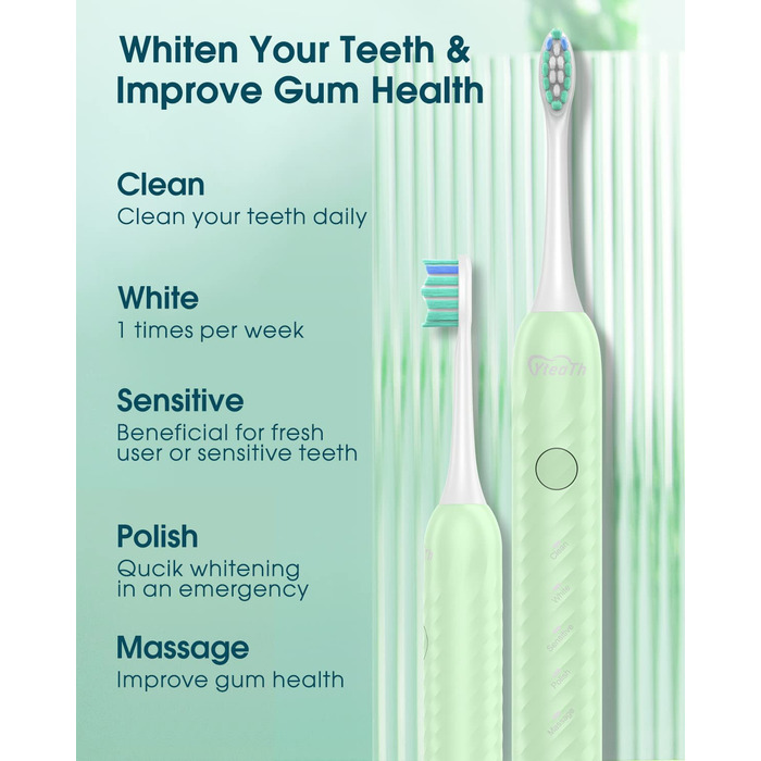 Електрична зубна щітка для дорослих з 6 насадками, акумуляторна звукова, 180 днів роботи, світло-зелена