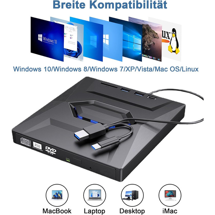 Зовнішній CD/DVD привід для ноутбука та ПК USB 3.0 & Type-C, DVD-RW записувач з картридером SD/TF та USB-хабом для Windows, Linux, Vista