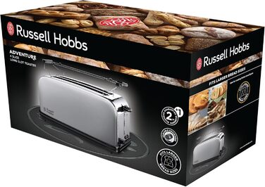 Russell Hobbs Toaster [2-Slice Long Slot for 4 Slices / 2 Wide Slices] Adventure Stainless Steel (extra wide toast slots, incl. bagel attachment, 6 browning levels + defrost function) 23610-56