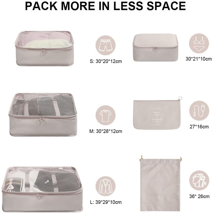 Органайзер для валізи OSDUE, набір 6 шт. (рожевий/бежевий), Packing Cubes, водонепроникні сумки для подорожей