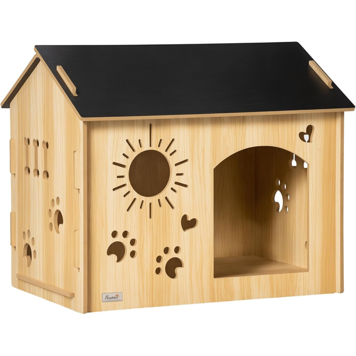 PawHut Wooden Dog House - Indoor Pet Shelter with Ventilation - MDF Oak & Black - 69x50x58.5 cm