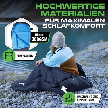 Сплячий мішок MOUNTREX® - компактний та ультралегкий (760г/1500г) - Outdoor (100GSM) / 3-4 сезони (300GSM) - Мумієподібний спальний мішок – кемпінг, подорожі, фестивалі – теплий та з'єднуваний (Темно-синій/Синій, 3 сезони - 1500г (RV Ліворуч))