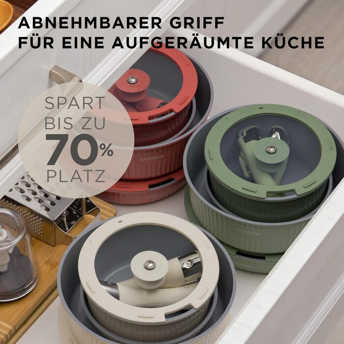 Набір каструль Kasanova Eaziclip 9 шт. з керамічним покриттям, індукційні, знімні ручки, антипригарні, рожевий