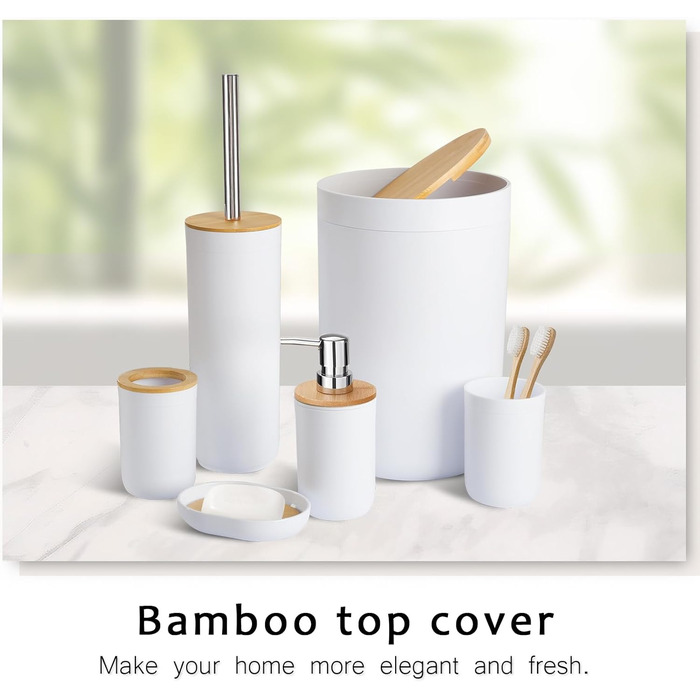 CERBIOR Набір аксесуарів для ванної кімнати з бамбука, 6 предметів: мильниця, тримач для зубних щіток, стакан для ополіскування, дозатор для лосьйону, флакон, сміттєвий контейнер, щітка для унітазу, білий