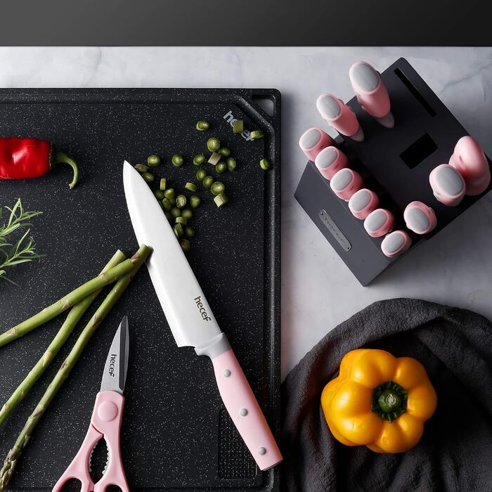 Набір ножів Hecef 14 предметів з дерев'яним блоком, професійний набір кухонних ножів з нержавіючої сталі, з ножицями/ножем для стейку/точильним інструментом (рожевий)