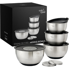 Oak & Steel - 4 Stainless Steel Mixing Bowls with Non-Slip Bottom, Salad Bowls (4.5L, 3.5L, 2.5L, 2L), 4 Airtight Lids & 3 Adjustable Grater Attachments