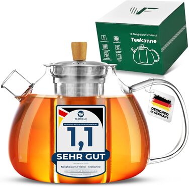 Neighbour's Friend® 1.5 L Glass Teapot for Loose Leaf Tea & Tea Bags - Teapot with Infuser Insert, Large, Drip-Free - 3-Piece Stainless Steel Infuser with Bamboo Lid Handle - Dishwasher-Safe Glass Teapot