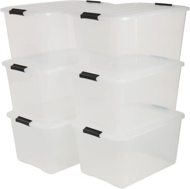 Iris Ohyama Storage Box with Lid, 45L, Set of 6, Transparent, Snap-Lock Closures with Handles, Stackable, Strong & Durable, For Clothing, Garage, Home, Office, Plastic Box, Storage TB-45