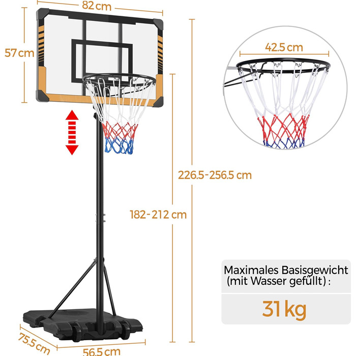 Yaheetech Adjustable Height Basketball Stand with Wheels - Mobile Basketball Hoop, Water/Sand Fillable, Indoor/Outdoor Basketball System - 226.5cm - 256.5cm