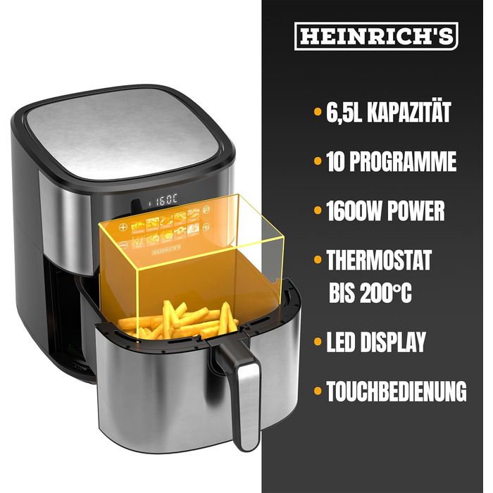 Фритюрниця повітряна HEINRICHS 9 літрів XXL з LED-дисплеєм, 10-в-1, 1800W, для здорового харчування, з таймером