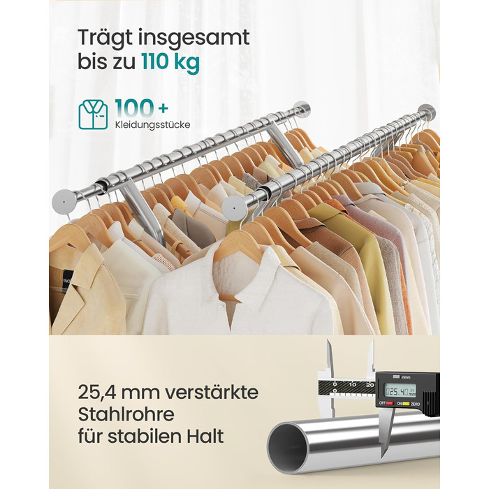 SONGMICS Стійка для одягу з металу, до 110 кг, на коліщатках, 129-169 см, хром HSR12S