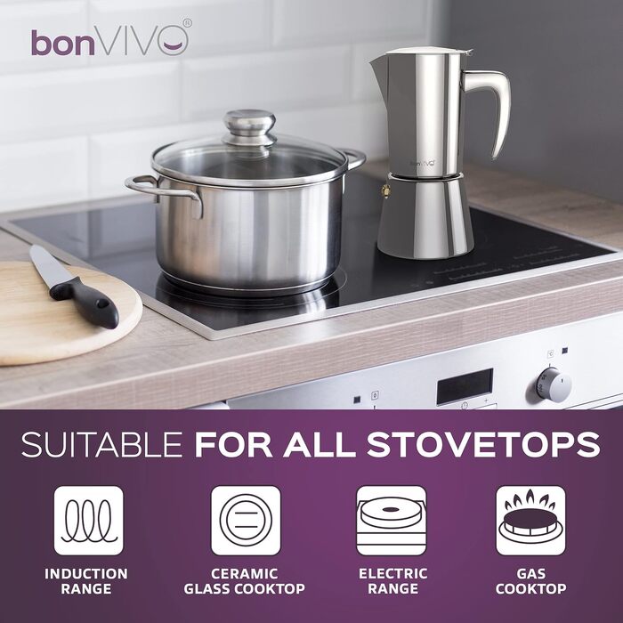 bonVIVO Espresso Maker Induction Compatible - Stainless Steel Coffee Maker in Black Finish w. Water Kettle & Filter - Moka Pot 6 Cups - 300 ml - Christmas Gifts for the Household Black 6 Cups - 300 ml