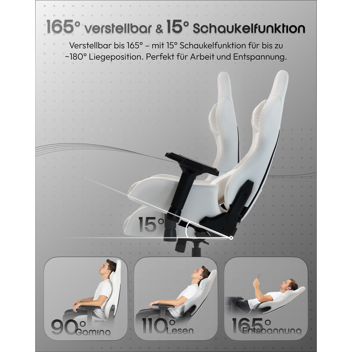 Ігровий крісло Dowinx з 4D підлокітниками, функцією гойдання 15° та регулюванням спинки до 165°, масажний, ергономічний, дизайн у стилі гоночного авто, для геймерів, Esport, вантажопідйомність 135 кг, білий