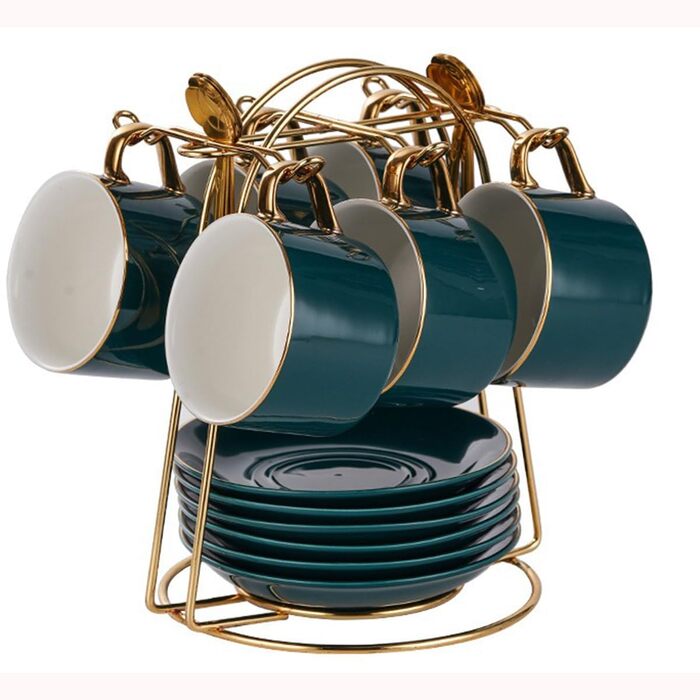 Набір чашок капучино з блюдцями (6 шт., 150 мл), розкішний чайний/кавовий набір з золотим декором, порцелянові чашки з ручками (білі), ручна розпис блакитним кольором