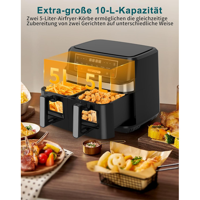 Аерофритюрниця подвійна 10л XXL з оглядовим вікном Heißluftfritteuse – мультипекарка 8-в-1 з сенсорним екраном, таймером, для здорового приготування без олії