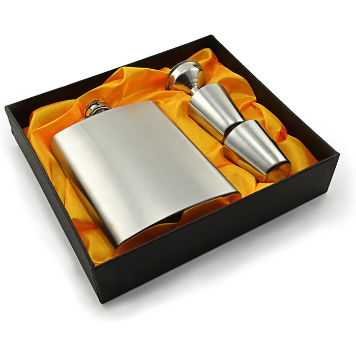 Фляга з нержавіючої сталі з 2 склянками для шнапсу та воронкою в подарунковій коробці, з гвинтовим кришкою, кишенькова пляшка