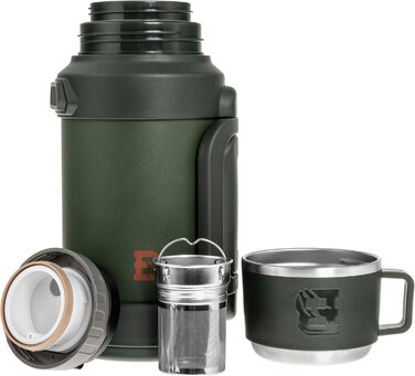 Термос Badger Outdoor Big Boy 1.3L з нержавіючої сталі з ситом для чаю | Вакуумна ізоляція, система One Touch, 24 години збереження тепла, ремінь, оливковий зелений