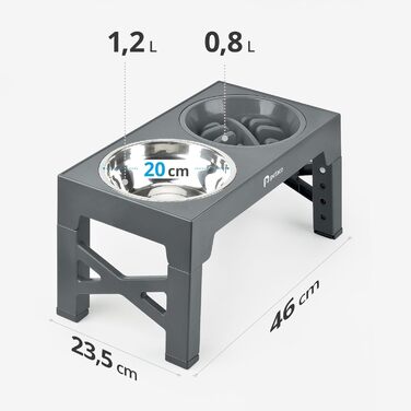 Підвищений годівниця для собак, набір 3 шт: 2 x 1,2L та 1 x 0,8L, нержавіюча сталь, антивитікання, 5 рівнів висоти, сірий