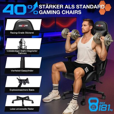 Ігровий крісло Douxlife з масажем, підніжкою, ергономічний офісний крісло, регулювання спинки 90-175°, регульовані підлокітники 2D, для PC геймерів, 150-180 кг, сірий