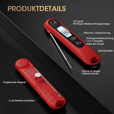Цифровий кухонний термометр DOQAUS для м'яса, приготування, випікання та гриля. Швидка реакція, LCD екран, автовимкнення (червоний)