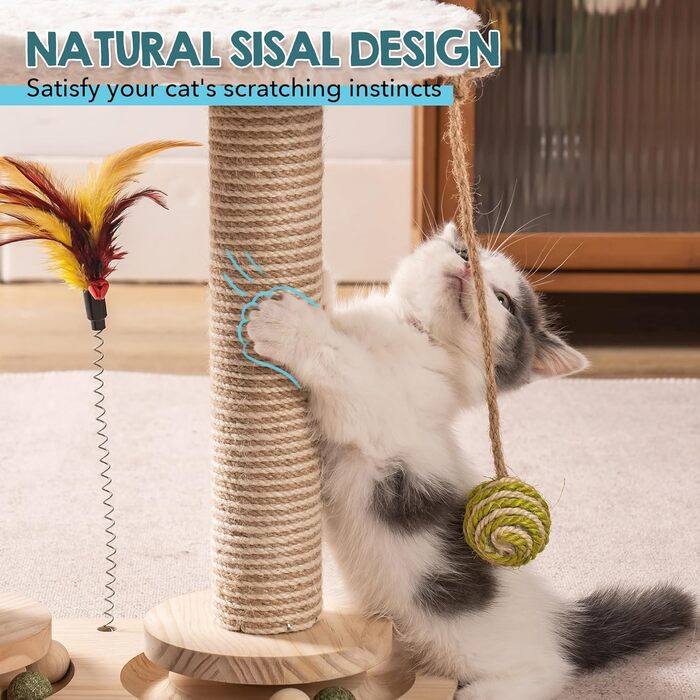MEWOOFUN 2-Layer Rotating Kitten Toy Cat Toy Self-Entertainment - Cat Toy Roller for Indoor Cats with Natural Sisal Scratcher Cat Self-Care, (white)