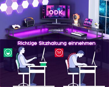 Ігровий стіл ODK з LED-підсвіткою, 2 розетками та 2 USB, кутовий комп'ютерний стіл з великою полицею для монітора, чорний