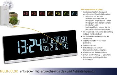 TFA Dostmann Multi-Color Digital Radio Alarm Clock with Color Changing Feature (70 Shades), 60.2548, Smartphone Charging Function (USB), Outdoor Temperature, Snooze Function, Plastic, Black