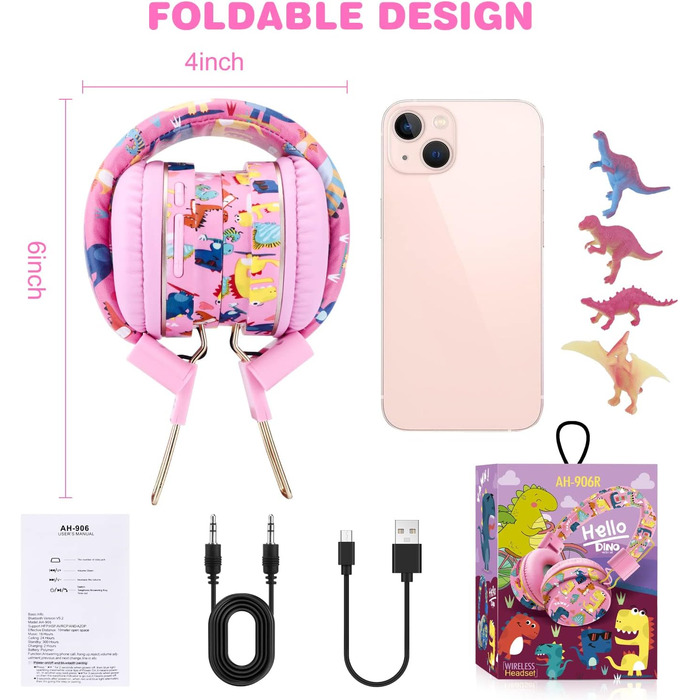 Дитячі навушники JYPS для школи та планшета (3-10 років) з мікрофоном (рожевий динозавр)