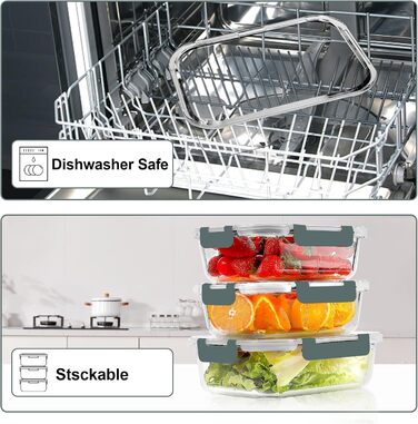 VERONES 10-Piece Glass Crisper Set, Airtight Glass Lunch Containers, Stackable Glass Food Storage Containers Set with Lid, Freezer and Dishwasher Safe, Grey