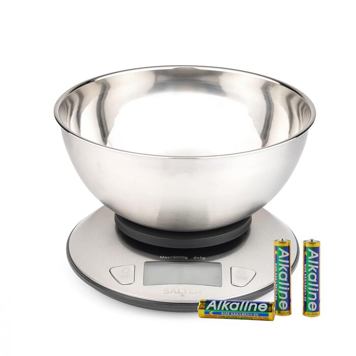Кухонні ваги Salter з мискою - ваги для вимірювання рідини, 5 кг, 2 л, нержавіюча сталь, LCD-дисплей, для випічки та приготування їжі