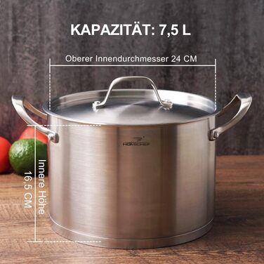 HOMICHEF важка екологічна каструля з нікель-неіржавної сталі з кришкою 24 см, 7,5 л – індукційна, матова