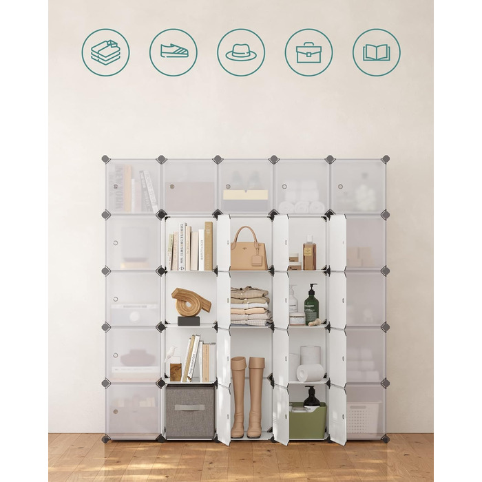 SONGMICS Regal System, Shoe Rack, Set of 16 Cubes, Plastic Closet Organizer with Doors, Stackable Shelf, Storage for Clothes, Shoes, and Books, Easy Assembly, White LPC44BS