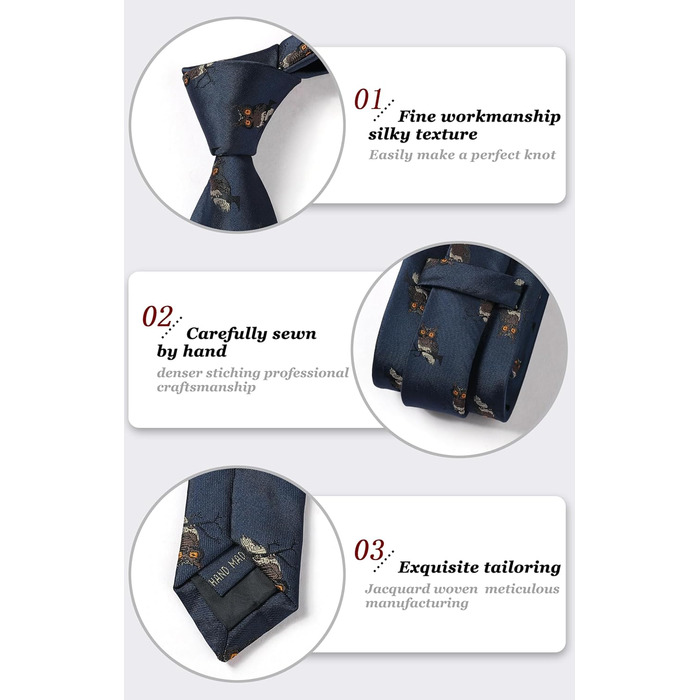 HISDERN Комплект краватки та кишенькового хустинки з принтом тварин для чоловіків, вечірній/діловий стиль, синій/сова, універсальний розмір