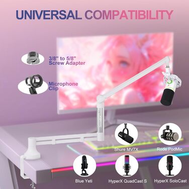 Низькопрофільний мікрофонний важіль, міцний тримач для мікрофона з кріпленням до столу 7 см, адаптери 3/8' та 5/8', для Blue Yeti, подкастів, геймінгу, вантажопідйомність до 2 кг, білий