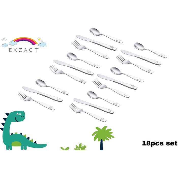 Набір дитячого столового приладдя EXZACT Kinderbesteck Set 18-ти частинний з нержавіючої сталі, від 2 років, безпечні ножі, 6 виделок, 6 ножів, 6 ложок (Dino X 18)