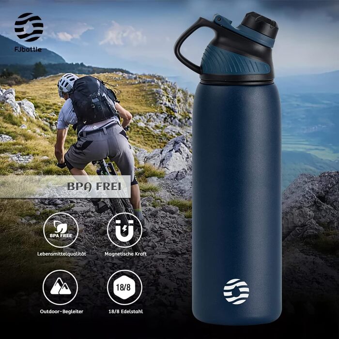 Фляга спортивна Fjbottle Edelstahl 1 л темно-синя з магнітною кришкою, BPA-free. Термофляга для школи, фітнесу, води, газованих напоїв
